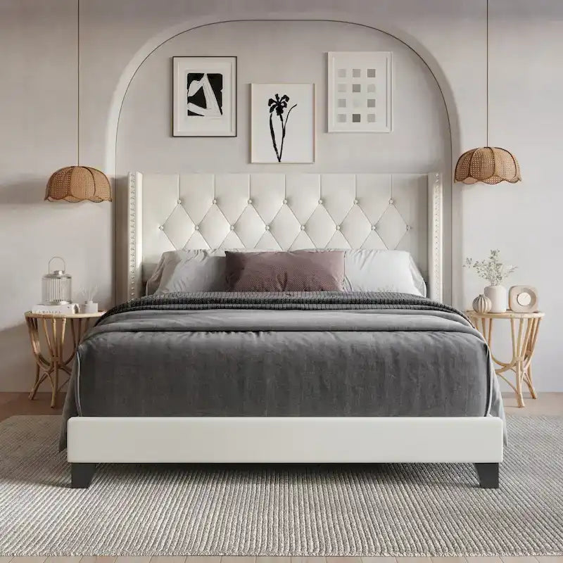 Tufted Upholstered Panel Bed with Wingback Headboard, Faux Leather