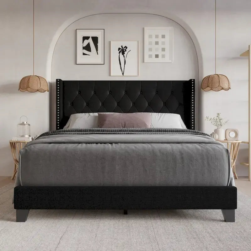 Tufted Upholstered Panel Bed with Wingback Headboard, Faux Leather