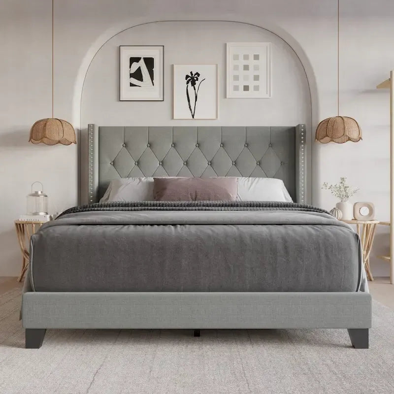 Tufted Upholstered Panel Bed with Wingback Headboard, Faux Leather