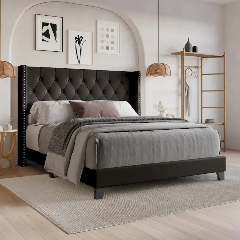 Tufted Upholstered Panel Bed with Wingback Headboard, Faux Leather