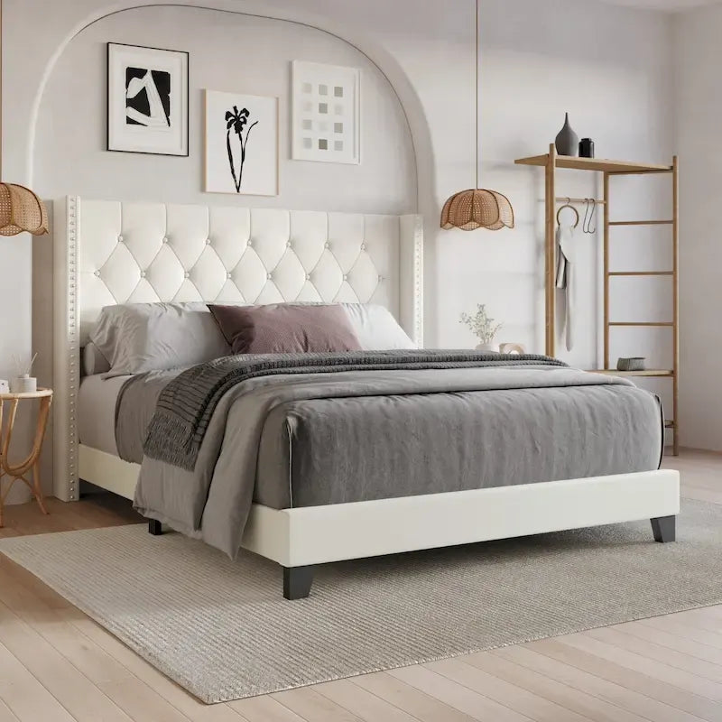 Tufted Upholstered Panel Bed with Wingback Headboard, Faux Leather