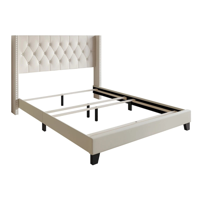 Tufted Upholstered Panel Bed with Wingback Headboard, Faux Leather