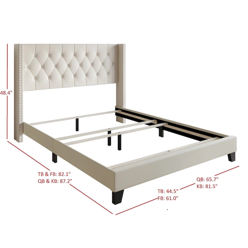 Tufted Upholstered Panel Bed with Wingback Headboard, Faux Leather