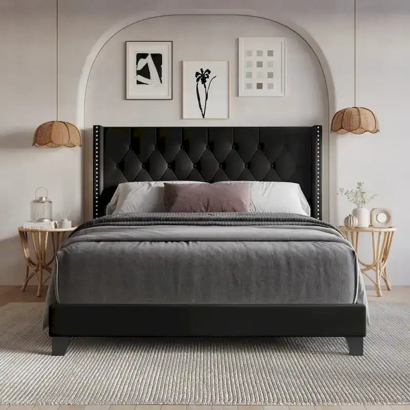 Tufted Upholstered Panel Bed with Wingback Headboard, Faux Leather
