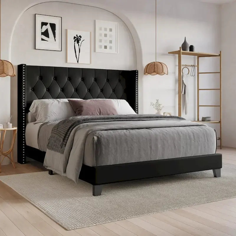 Tufted Upholstered Panel Bed with Wingback Headboard, Faux Leather