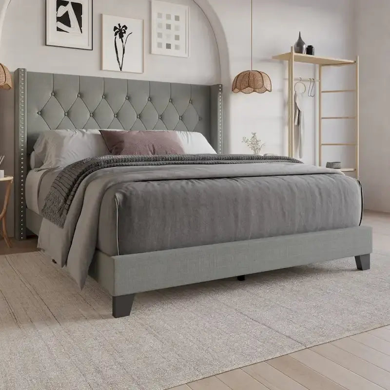 Tufted Upholstered Panel Bed with Wingback Headboard, Faux Leather