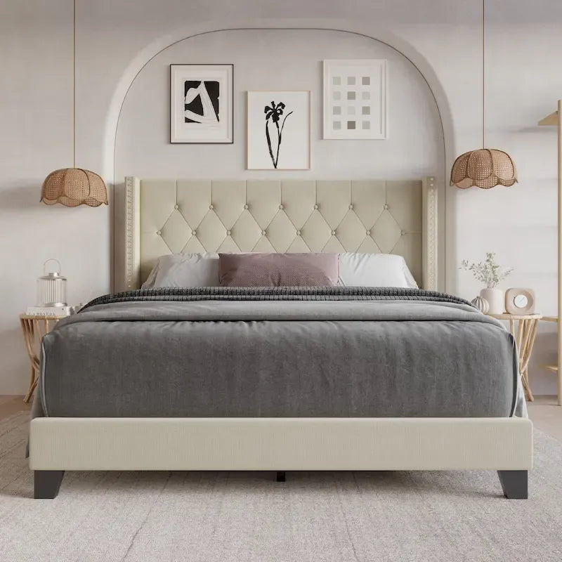 Tufted Upholstered Panel Bed with Wingback Headboard, Faux Leather