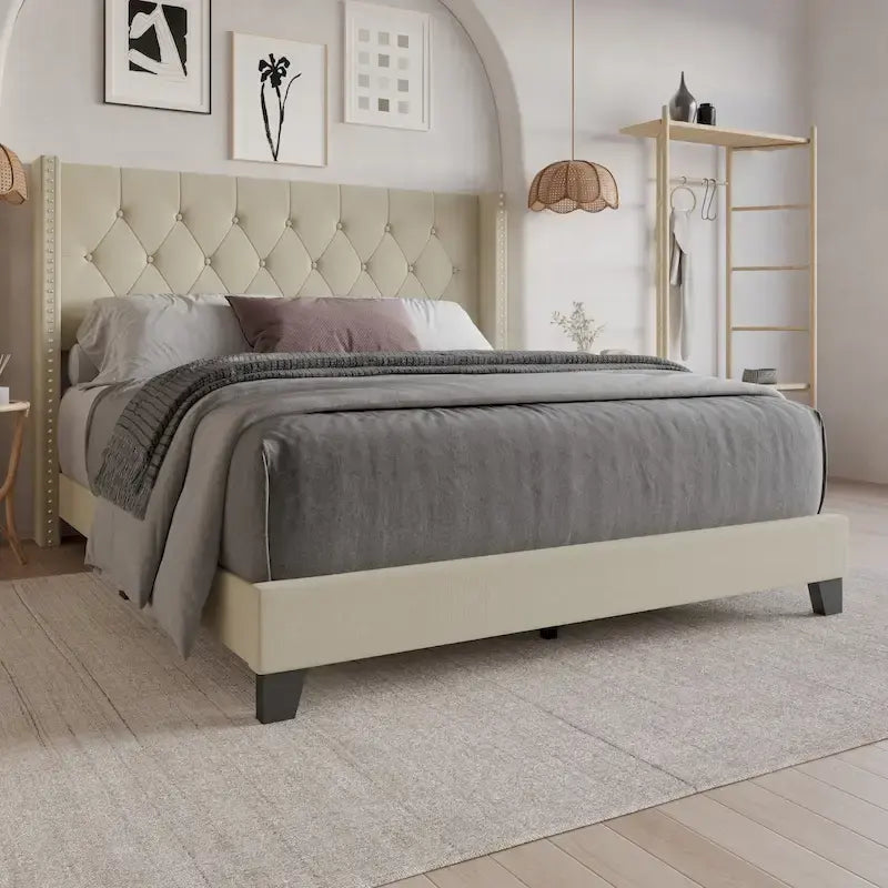 Tufted Upholstered Panel Bed with Wingback Headboard, Faux Leather
