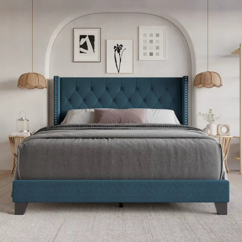 Tufted Upholstered Panel Bed with Wingback Headboard, Faux Leather