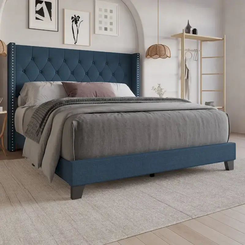 Tufted Upholstered Panel Bed with Wingback Headboard, Faux Leather