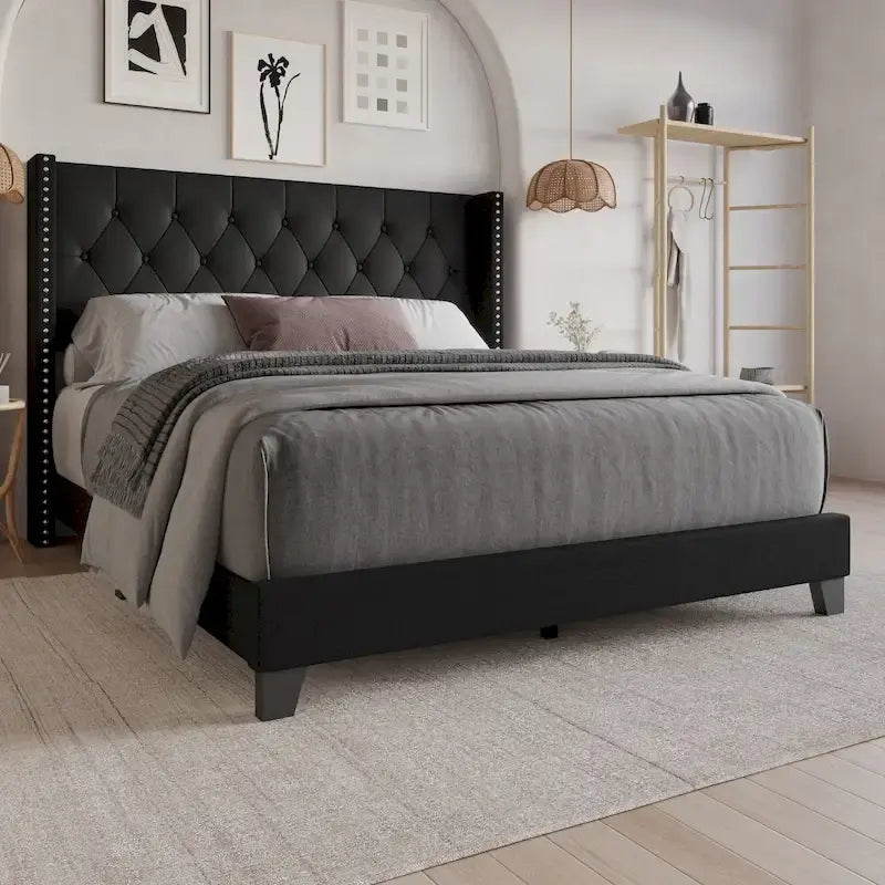 Tufted Upholstered Panel Bed with Wingback Headboard, Faux Leather
