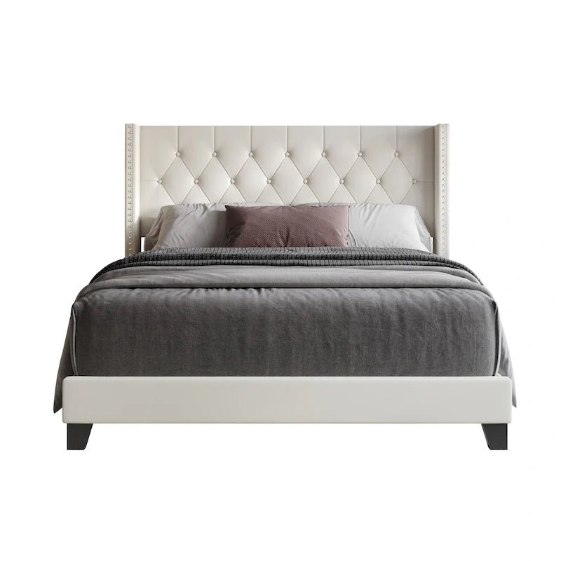 Tufted Upholstered Panel Bed with Wingback Headboard, Faux Leather