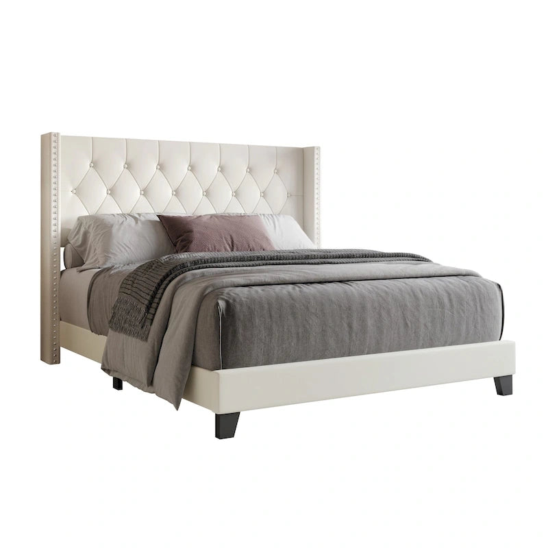 Tufted Upholstered Panel Bed with Wingback Headboard, Faux Leather