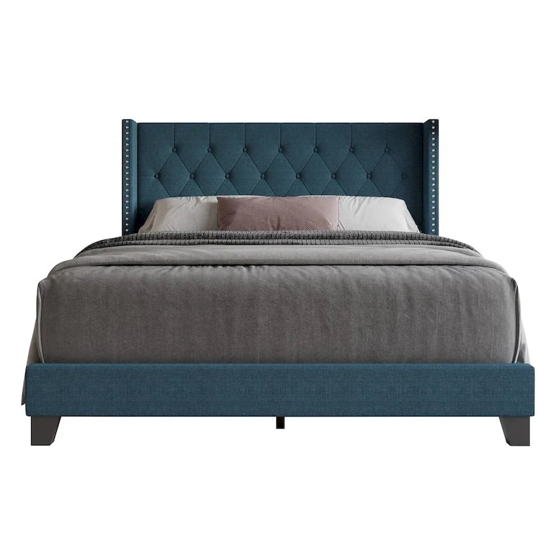 Tufted Upholstered Panel Bed with Wingback Headboard, Faux Leather
