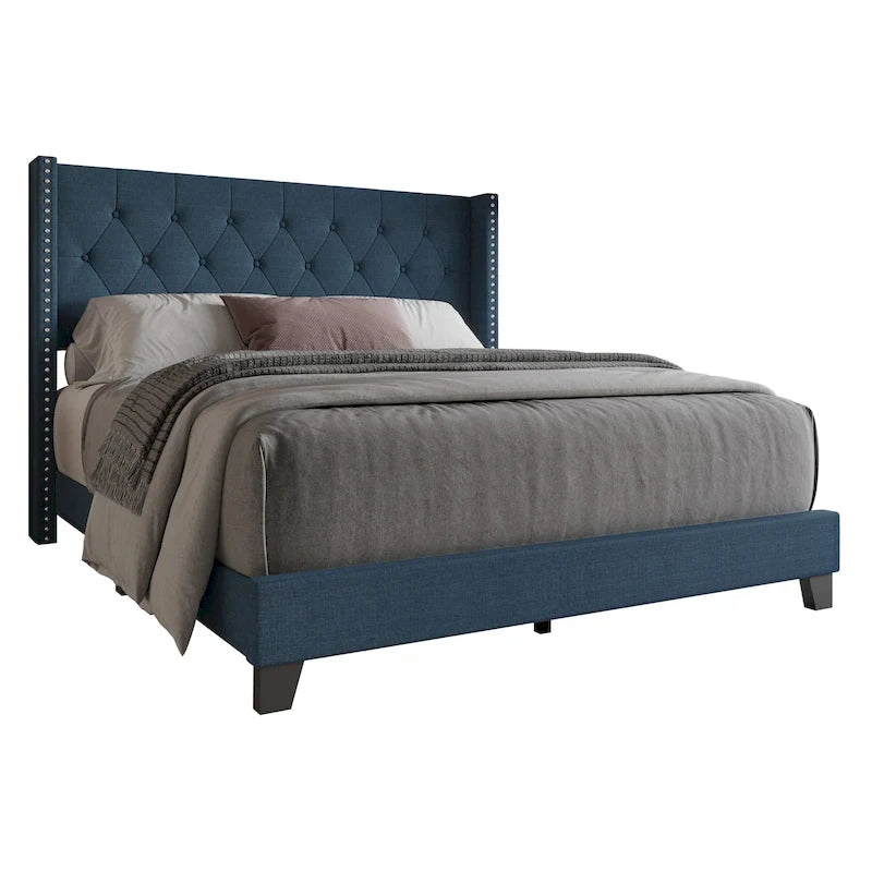 Tufted Upholstered Panel Bed with Wingback Headboard, Faux Leather