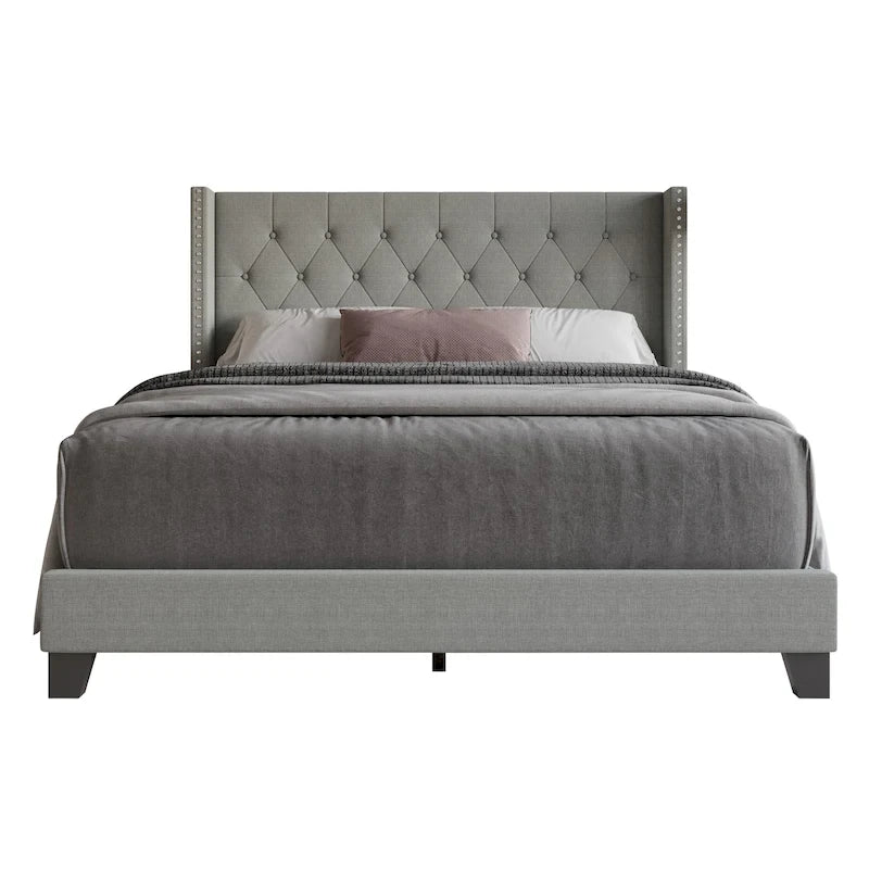 Tufted Upholstered Panel Bed with Wingback Headboard, Faux Leather