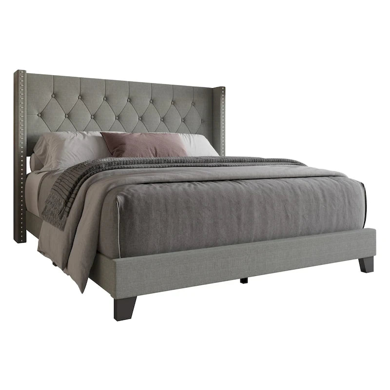 Tufted Upholstered Panel Bed with Wingback Headboard, Faux Leather