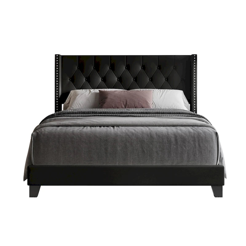 Tufted Upholstered Panel Bed with Wingback Headboard, Faux Leather