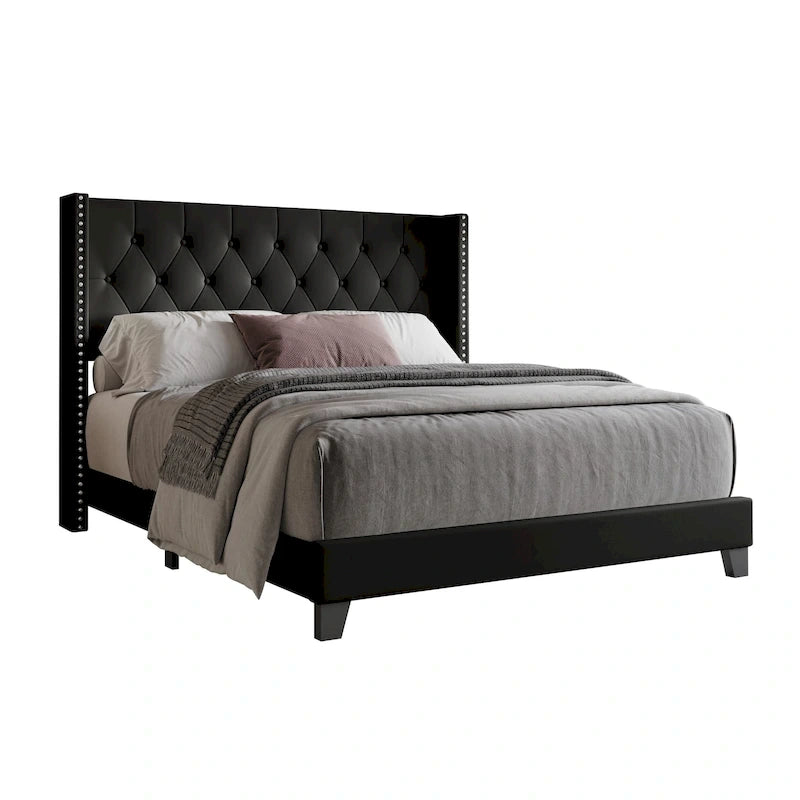 Tufted Upholstered Panel Bed with Wingback Headboard, Faux Leather