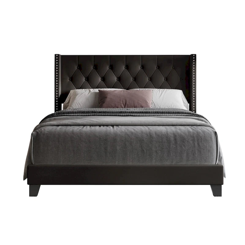 Tufted Upholstered Panel Bed with Wingback Headboard, Faux Leather