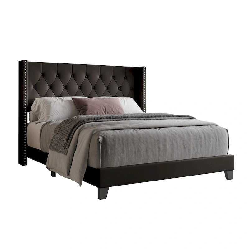 Tufted Upholstered Panel Bed with Wingback Headboard, Faux Leather