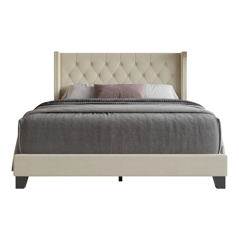 Tufted Upholstered Panel Bed with Wingback Headboard, Faux Leather