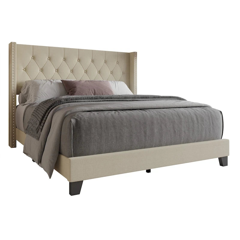 Tufted Upholstered Panel Bed with Wingback Headboard, Faux Leather