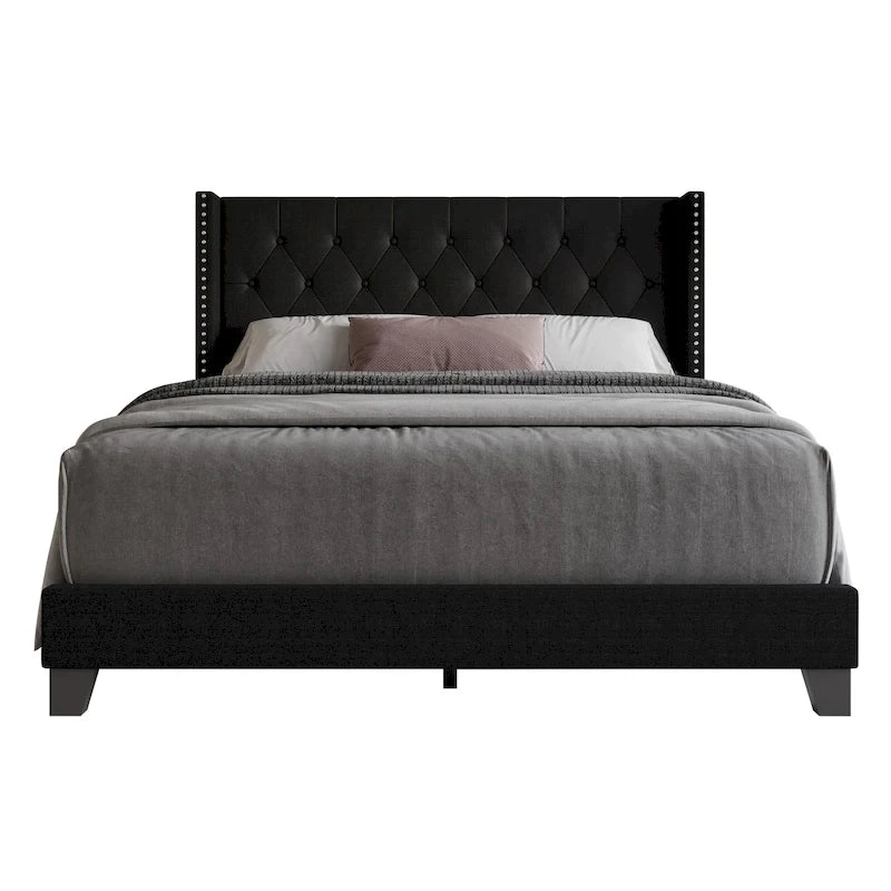 Tufted Upholstered Panel Bed with Wingback Headboard, Faux Leather
