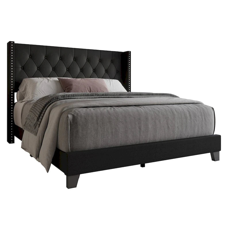 Tufted Upholstered Panel Bed with Wingback Headboard, Faux Leather