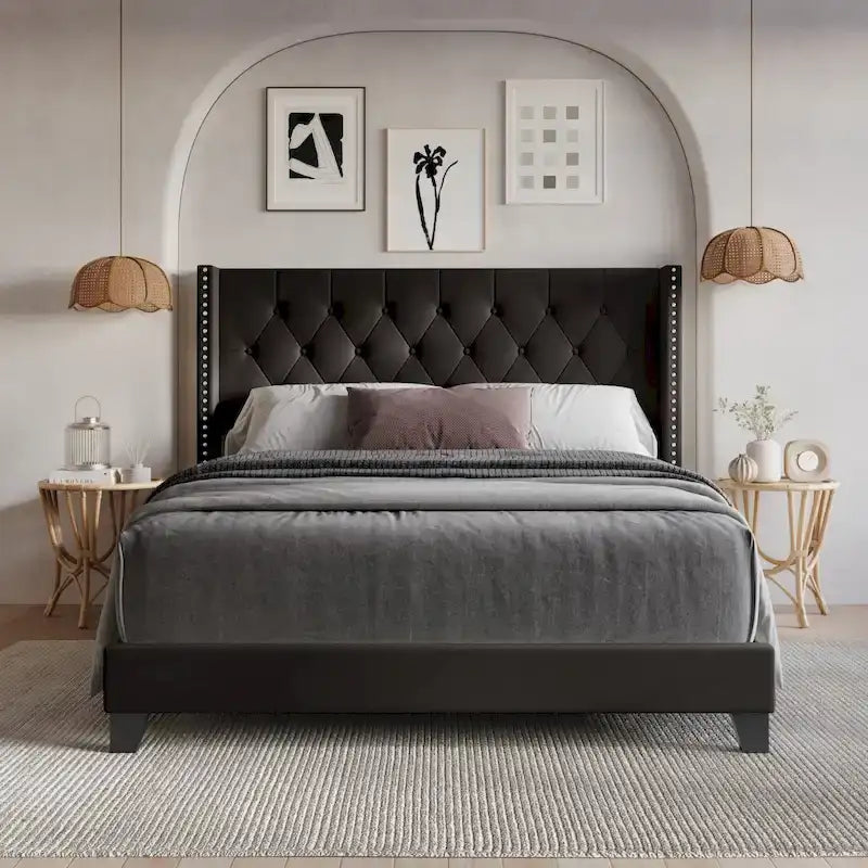 Tufted Upholstered Panel Bed with Wingback Headboard, Faux Leather