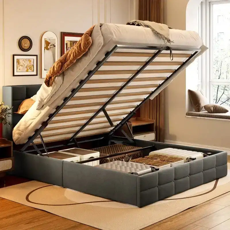 Upholstered Platform Bed Frame with Hydraulic Storage System
