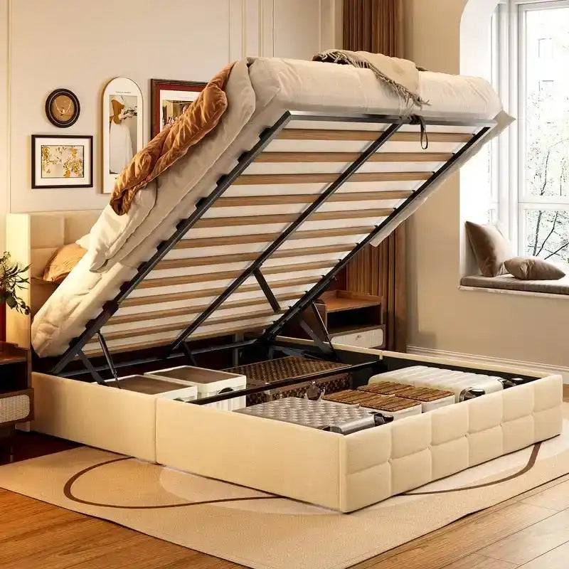 Upholstered Platform Bed Frame with Hydraulic Storage System