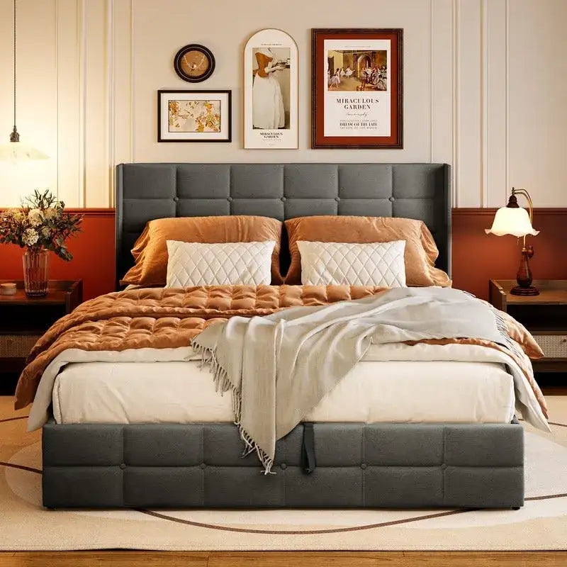 Upholstered Platform Bed Frame with Hydraulic Storage System
