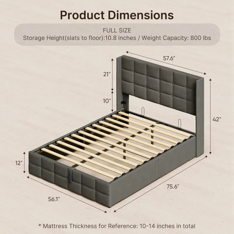 Upholstered Platform Bed Frame with Hydraulic Storage System