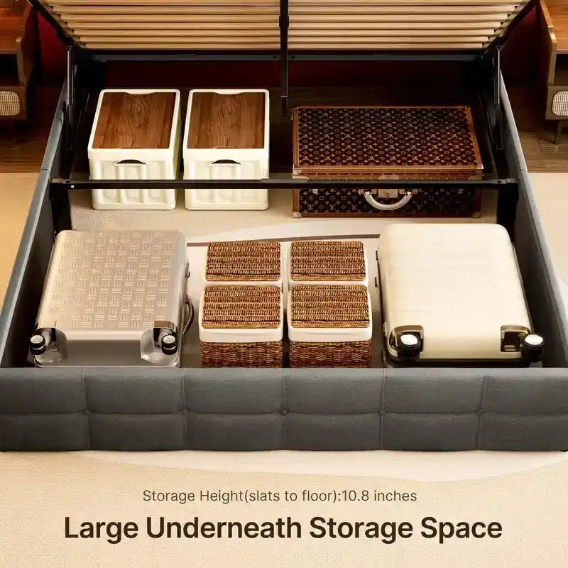 Upholstered Platform Bed Frame with Hydraulic Storage System