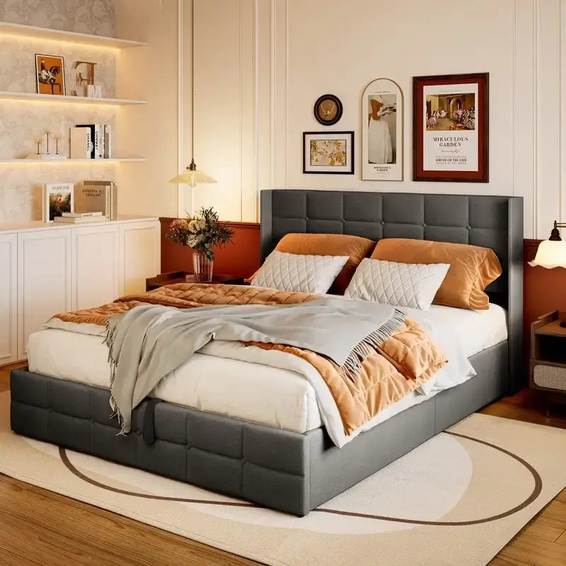 Upholstered Platform Bed Frame with Hydraulic Storage System