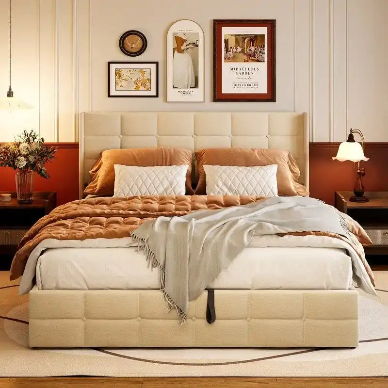 Upholstered Platform Bed Frame with Hydraulic Storage System