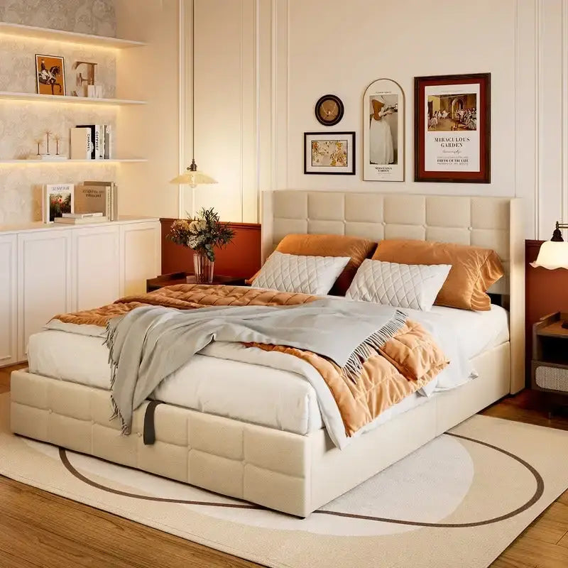 Upholstered Platform Bed Frame with Hydraulic Storage System