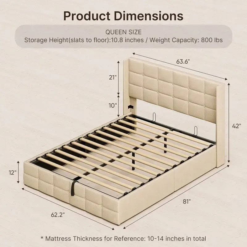 Upholstered Platform Bed Frame with Hydraulic Storage System