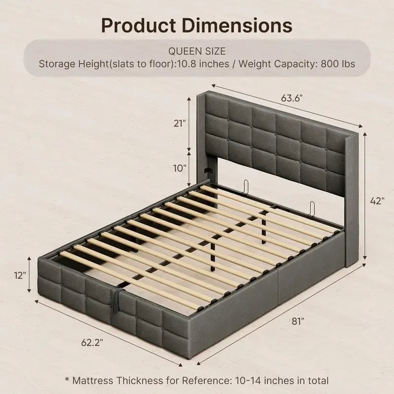 Upholstered Platform Bed Frame with Hydraulic Storage System