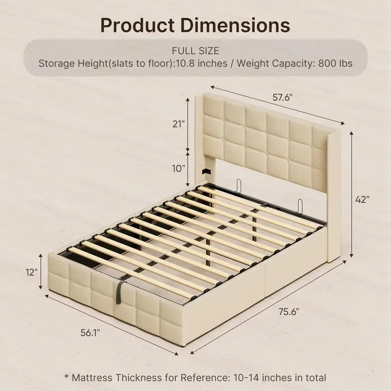 Upholstered Platform Bed Frame with Hydraulic Storage System