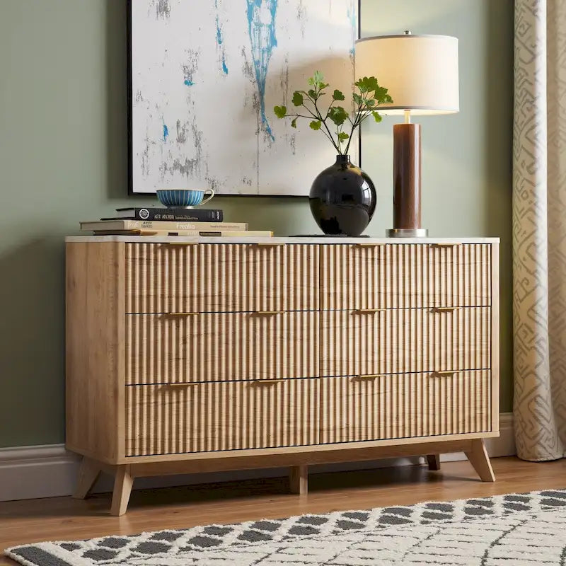 Modern Fluted 6 Drawers Dresser, Chest of Drawers, Dresser TV Stand