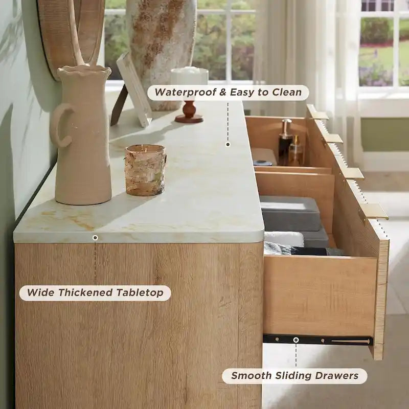 Modern Fluted 6-Drawer Dresser with Marble Top