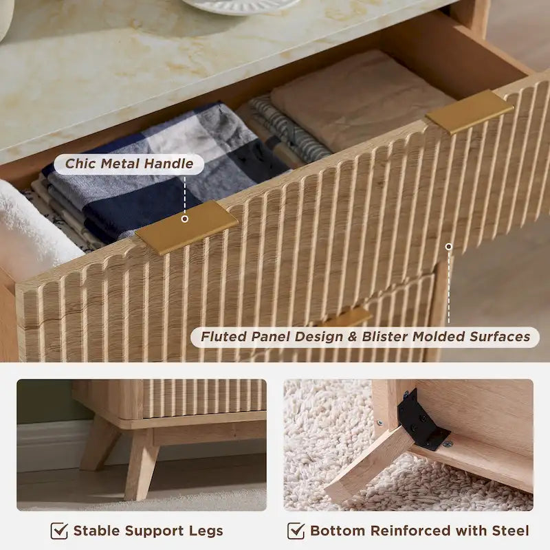 Modern Fluted 6-Drawer Dresser with Marble Top