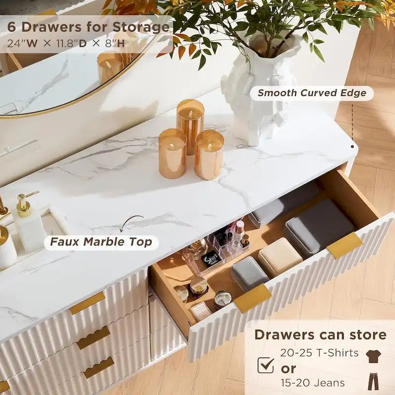 Modern Fluted 6-Drawer Dresser with Marble Top