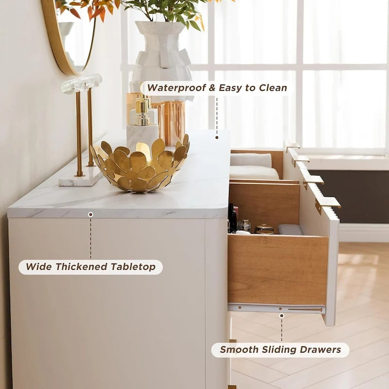 Modern Fluted 6-Drawer Dresser with Marble Top